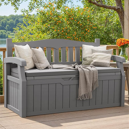Greesum 80 Gallon Outdoor Storage Bench Deck Box with Cushion & Armrest, Lockable, Waterproof UV Resistant, Comfortable Seating for Patio, Pool, Garden, Grey