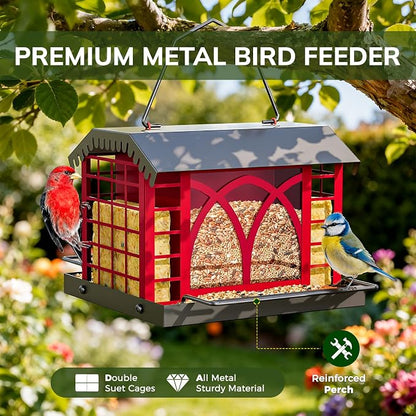 Bird Feeders for Outdoors Hanging, Metal Bird Feeder with Double Suet Cage Weatherproof Metal Roof, 3.5Lbs Large Capacity Great for Attracting Finch Cardinal Chickadee Wild Birds, Berry Red