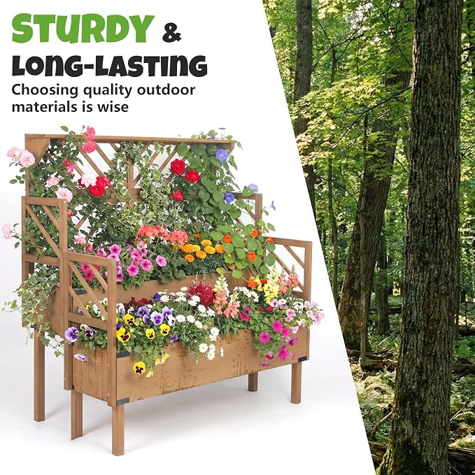 Raised Garden Bed with Trellis & 2 Planter Boxes, Elevated Planter Box with Drainage Slits Liner & Top Shelf, for Climbing Plants, Flowers, Vegetables, Herbs, Backyard Balcony Patio