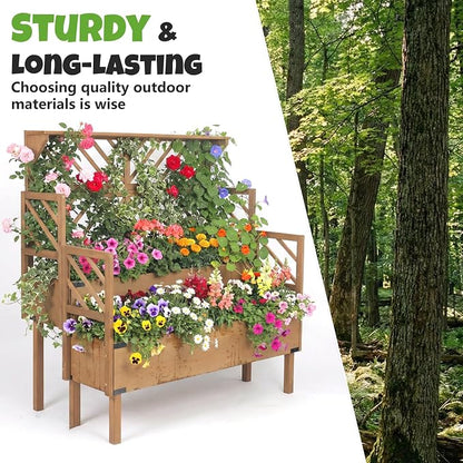 Raised Garden Bed with Trellis & 2 Planter Boxes, Elevated Planter Box with Drainage Slits Liner & Top Shelf, for Climbing Plants, Flowers, Vegetables, Herbs, Backyard Balcony Patio