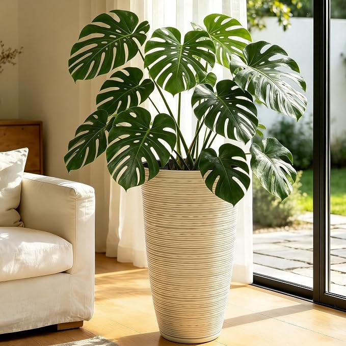 23.5" Ivory Speckled Tall Planters Set of 2 with Drainage Holes | Large Tapered PP Plastic Pots With Vertical Stripe Texture For Indoor and Outdoor Plants, Patio, Garden, Porch, or Entryway