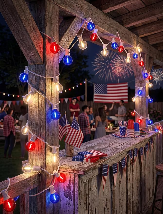 4th of July G40 LED Red White and Blue Lights, 25ft Outdoor String lights | Hanging Patio Lights with 27 Shatterproof Round Bulbs, Plug in, Connectable, Independence Day Decoration Patriotic Party