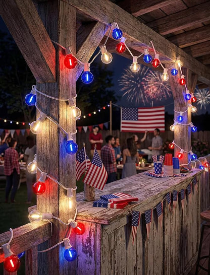 4th of July G40 LED Red White and Blue Lights, 25ft Outdoor String lights | Hanging Patio Lights with 27 Shatterproof Round Bulbs, Plug in, Connectable, Independence Day Decoration Patriotic Party