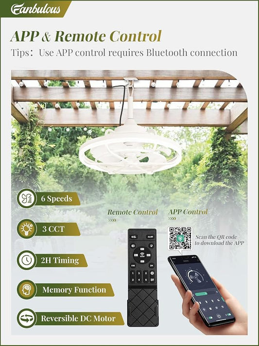 Fanbulous Outdoor Ceiling Fans with Light for Patios, 20" Weatherproof Plug in Ceiling Fan, Gazebo Fan Remote&APP Control, 3CCT Dimmable,Caged Ceiling Fan with Hanging Hook for Porch, Pergola,Canopy