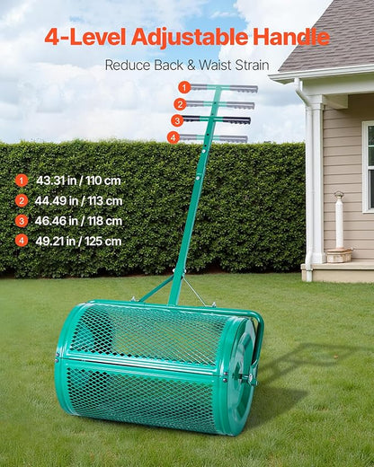 VEVOR Compost Spreader, 24 in Wide Peat Moss Spreader with Push/Tow Handle, 4 Heights Adjustable, Powder-Coated Steel Garden Peat Moss Roller, Heavy Duty Grass Seed Spreaders for Planting Seeding