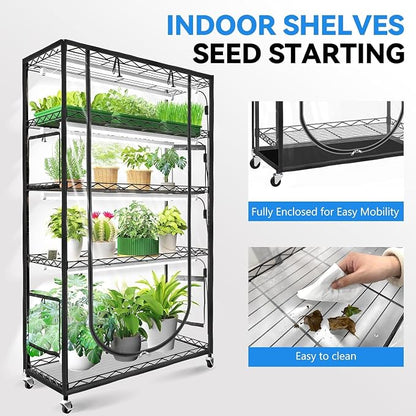 JESLED Indoor Greenhouse with Grow Light, 35.4x13.8x70IN | 3FT Full Spectrum 5000K LED Light for Seed Starting, Tiered Lighting Control, Built-in Timer & Thermo-Hygrometer
