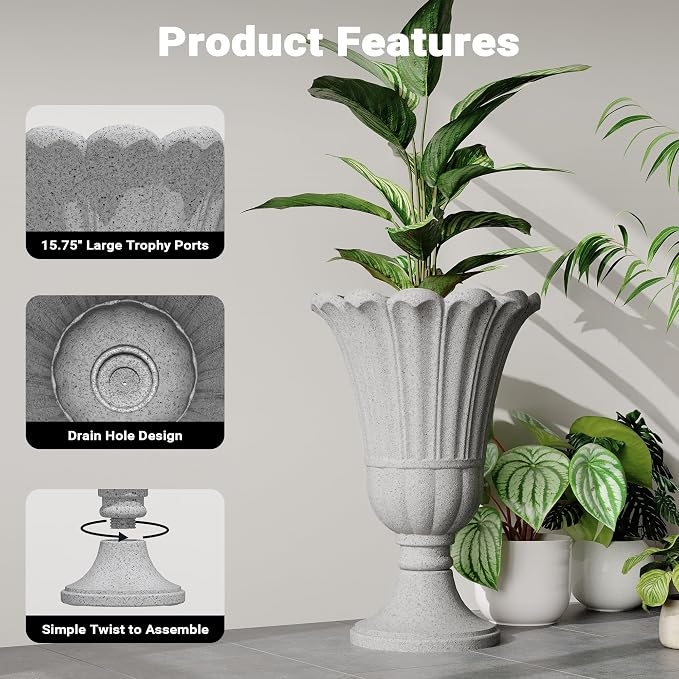 23" Tall Planters for Outdoor Plants Set of 2, Planter with Drainage Holes and Petal Design, Large Outdoor Planters for Porch, Garden, Indoor, Grey