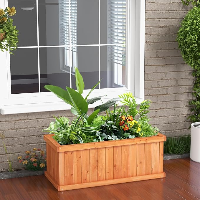 Giantex Raised Garden Bed Set of 2, 31”x14”x12” Wooden Elevated Planter Box with 4 Drainage Holes & Detachable Bottom Panels, Flower Bed, Rectangular Plant Container for Vegetables, Herbs & Fruits