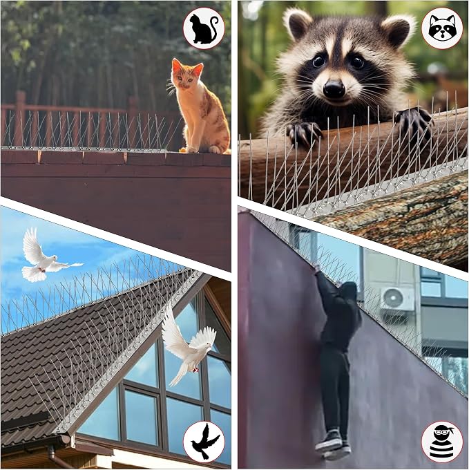 Bird Spikes,4Pcs,Stainless Steel Spikes with Base,Keep Woodpeckers Pigeon Raccoons Away,Anti Climb Spikes for Graden Patio Fence,3.28Ft