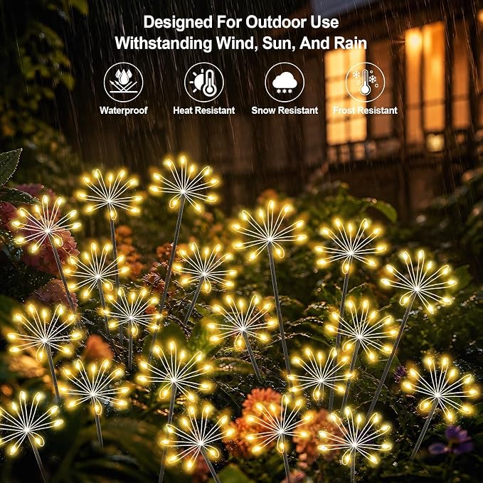 Solar Garden Lights Outdoor, Upgraded Solar Swaying Starburst Light Waterproof with 2 Modes, Solar Fairy Firework Lights for Yard Patio Pathway Flowerbed Balcony Garden Decoration (Warm White, 4 Pack)