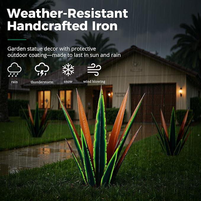 KODIBO 24” Metal Agave Plant Outdoor Decor, Large Yard Art, Vintage Green | Weather-Resistant Metal, Hand-Painted Finish, Desert Steel Yard Art, Tequila Rustic Sculpture, Garden Decor for Outside