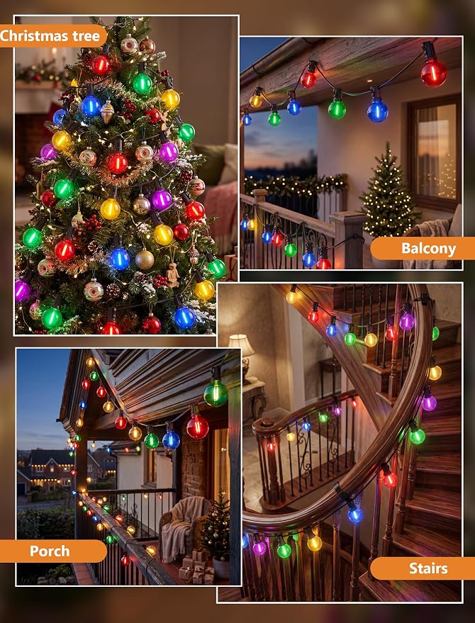 G40 LED Outdoor String Lights，25Ft Globe Multicolor Christmas Decorations String Lights with 27 Shatterproof LED Bulbs, Hanging Outdoor Patio Lights for Outside Backyard Porch Balcony Party- Black