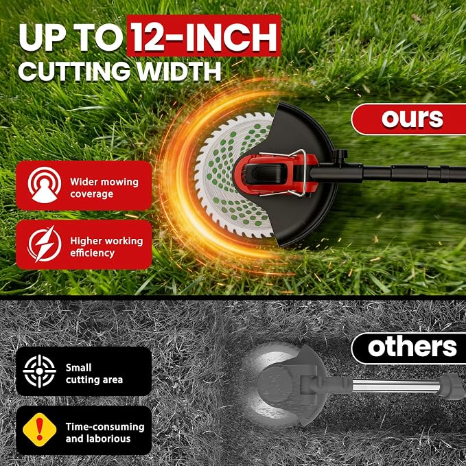 12-Inch Weed Wacker with Wheels, 2x3.0Ah 21V Battery Powered Weed Eater, Cordless Lawn Mower with 4 Types Blades, 20000RPM Electric Brush Cutter Grass Trimmer for Garden Yard