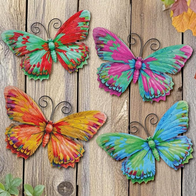 Junware 4 Pcs Metal Butterfly Wall Art Decor - 7.5" Outdoor Fence Wall Sculpture Decor, Hanging Decoration for Garden Yard Living Room Bedroom Patio Balcony, Nice Gift for Mom Friend