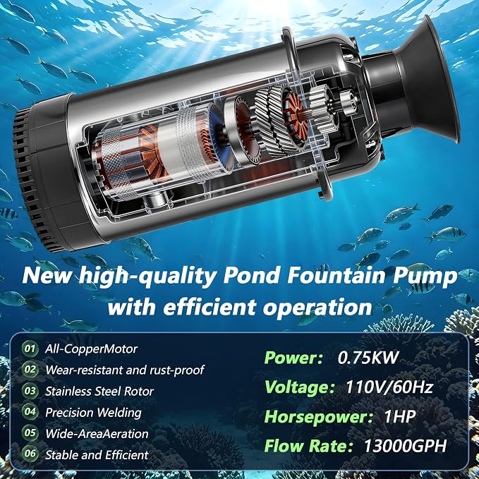 Pond Fountain Aerator, 1HP 110V 750W Floating Pond Fountain, With 100 FT Power Cord，Waterproof Timer，2x100 FT Traction Rope，Floating Water Fountains for Ponds