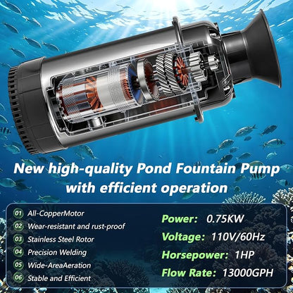 Pond Fountain Aerator, 1HP 110V 750W Floating Pond Fountain, With 100 FT Power Cord，Waterproof Timer，2x100 FT Traction Rope，Floating Water Fountains for Ponds