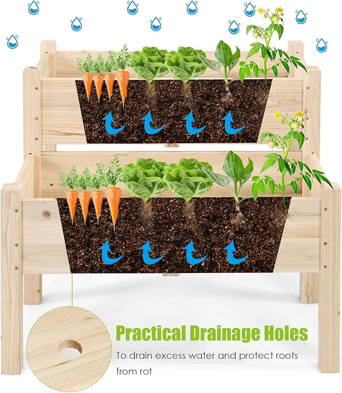 COSTWAY 2-Tier Raised Garden Bed, Sturdy Fir Wood Elevated Planter with Legs for Vegetables, Herbs & Flowers – Indoor & Outdoor Use, Natural Finish