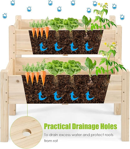 COSTWAY 2-Tier Raised Garden Bed, Sturdy Fir Wood Elevated Planter with Legs for Vegetables, Herbs & Flowers – Indoor & Outdoor Use, Natural Finish