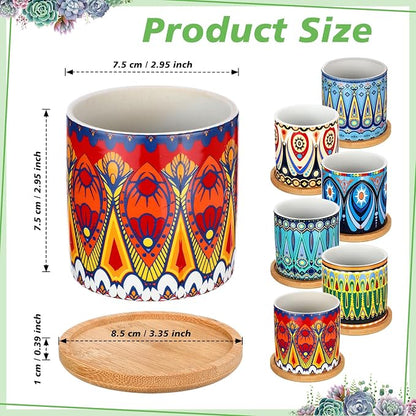 Zopeal 6 Pcs 3 Inch Succulent Pots Succulent Planters Cylinder Ceramic Pots Mandala Multicolor Cactus Pot with Drainage Holes and Bamboo Trays for Indoor Plants Flowers Garden Decoration(Basic)