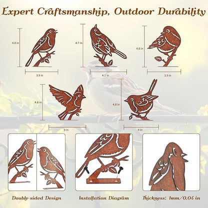 5PCS Rusty Birds Decoration, Outdoor Birds Wall Decor, Backyard Garden Decor for Outside, Rustic Yard Fence Decorations - Metal Yard Art, Birds Craft Sculptures and Statues Ornaments, Robins