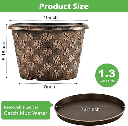 10 Inch Planter Pots for Plants, 4 Pack Plastic Large Flower Pots Indoor Outdoor, Resin Plant Pot with Drainage & Saucer, Retro Decorative Garden Pot with Removable Trays for House