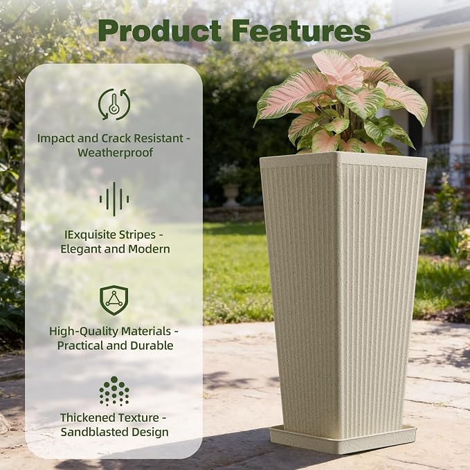 Square Tall Planters for Outdoor Plants Set of 2-24" Heavy-Duty Classic Tapered Indoor Flower Pots with Drainage Holes/Partition/Tray, Large Outdoor Planters for Porch Patio, Beige Cream