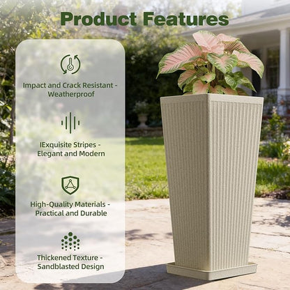 Square Tall Planters for Outdoor Plants Set of 2-24" Heavy-Duty Classic Tapered Indoor Flower Pots with Drainage Holes/Partition/Tray, Large Outdoor Planters for Porch Patio, Beige Cream