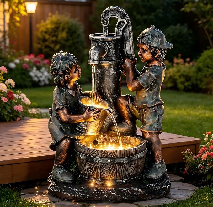 26" Boy and Girl Outdoor Fountain LED 3-Tier Cascading Waterfall | bronze finish, children drawing water scene, patio garden Porch