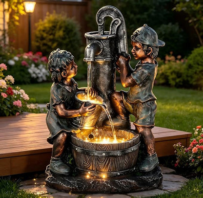 26" Boy and Girl Outdoor Fountain LED 3-Tier Cascading Waterfall | bronze finish, children drawing water scene, patio garden Porch