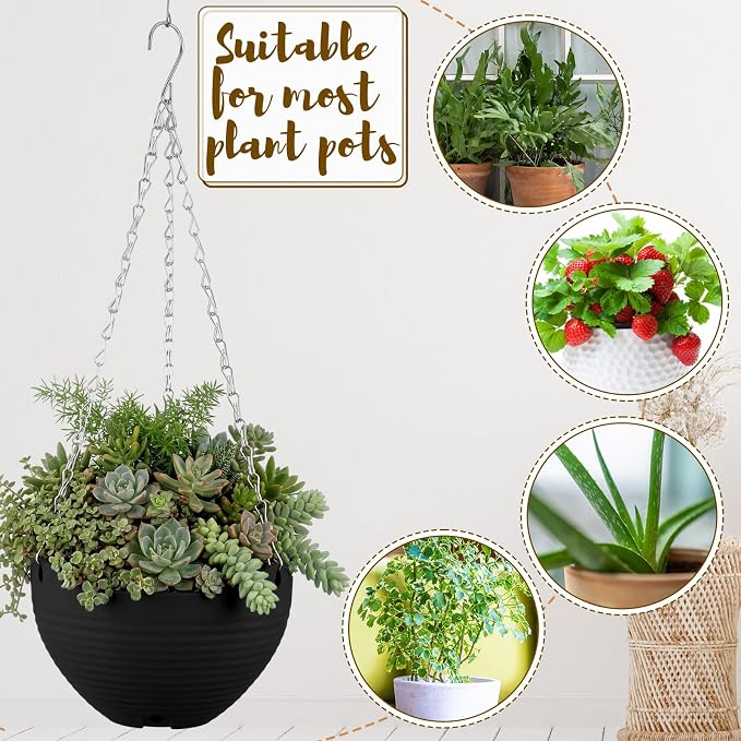 Zopeal 16 Pack Self Watering Hanging Planters 8 Inch Garden Flower Plant Pot Container with Drainer and Chain Round Hanging Pot Plant Basket for Indoor Outdoor Plants (Black)