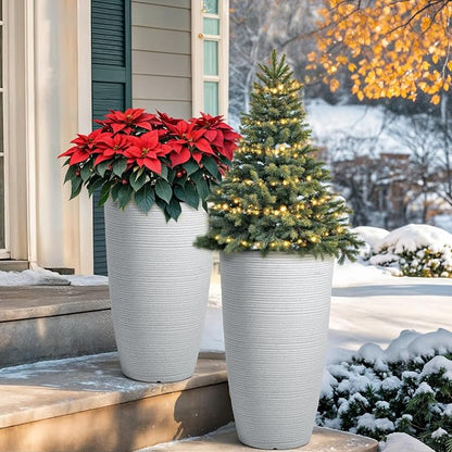 2-Pack 23.5" White Plastic Tall Tapered Planters with Ribbed Texture | Set of 2 PP tall planters with white faux terrazzo look, ribbed texture, drainage plugs, and UV-treated finish for porch