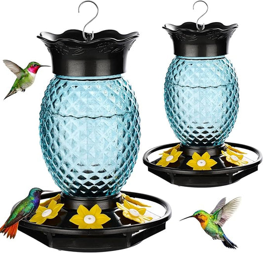 Fchstaer Glass Hummingbird Feeders for Outdoors Hanging 16oz 2 Pack Blue Pineapple Bee & Ant Proof 360°Perch Leakproof Easy Clean with 6 Feeding Ports Gifts for Mom