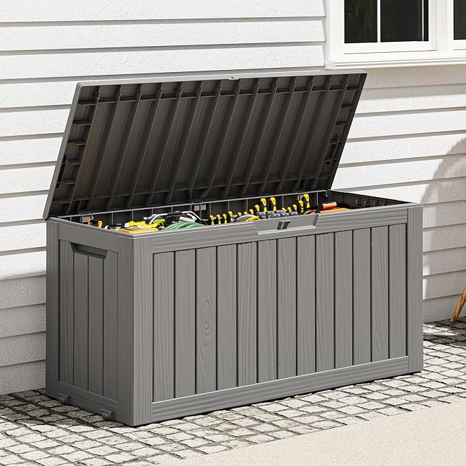 Outdoor Storage Box, Resin Deck Boxes Indoor and outdoor, Waterproof Storage Box Lockable Lid (Grey, 75 Gallon)