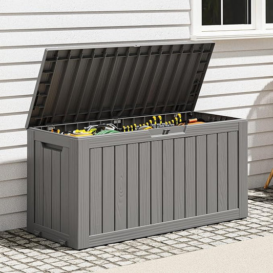 Outdoor Storage Box, Resin Deck Boxes Indoor and outdoor, Waterproof Storage Box Lockable Lid (Grey, 75 Gallon)