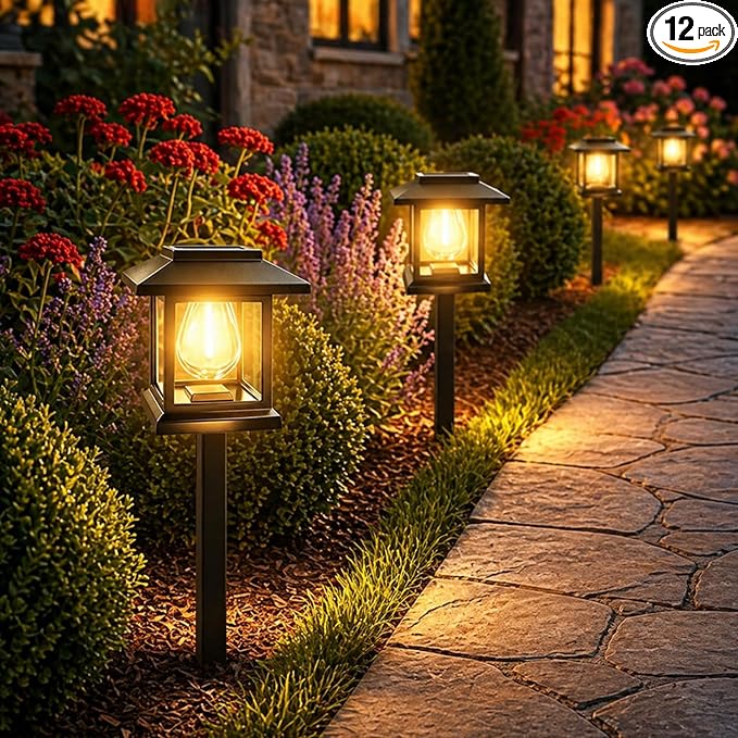 12-Pack Solar Pathway Lights - High-Efficiency Polycrystalline Panels for All-Night Glow - IP55 Waterproof Outdoor Landscape Lighting for Garden, Walkway & Driveway Security (Black)