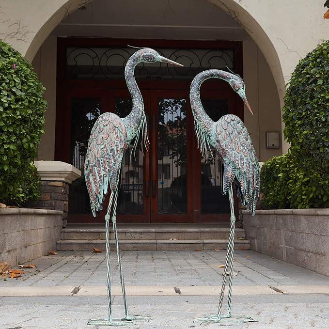 Kircust Garden Crane Statues, Standing Metal Patina Heron Decoy Weather-Resistant and Rustless Outdoor Statue, 42-46 Inch Bird Yard Art for Patio Lawn Pond, Set of 2