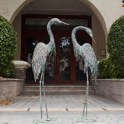 Kircust Garden Crane Statues, Standing Metal Patina Heron Decoy Weather-Resistant and Rustless Outdoor Statue, 42-46 Inch Bird Yard Art for Patio Lawn Pond, Set of 2