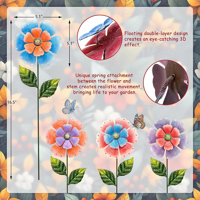 Metal Flowers for Outside, 4 Pcs 16.5 Inch Decorative Garden Stakes, Hand Painted Tin Metal Garden Decor with Glitter, Weather Resistant Outdoor Art for Patio Lawn Yard