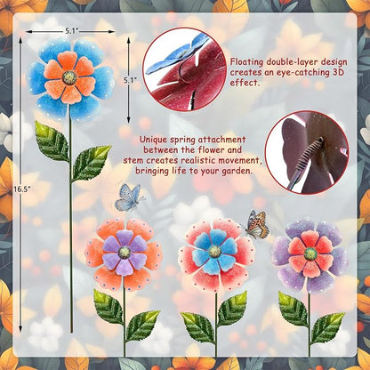 Metal Flowers for Outside, 4 Pcs 16.5 Inch Decorative Garden Stakes, Hand Painted Tin Metal Garden Decor with Glitter, Weather Resistant Outdoor Art for Patio Lawn Yard
