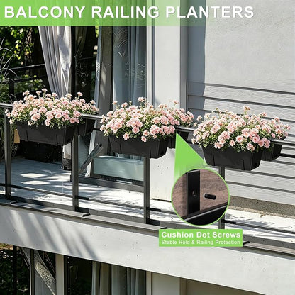Railing Planter Box Adjustable Window Boxes Planters Set of 2, Black Hanging Balcony Planters with Removable Brackets, 17 Inch Outdoor Plastic Flower Pots for Fence, Deck Railing, Porch, Patio Garden
