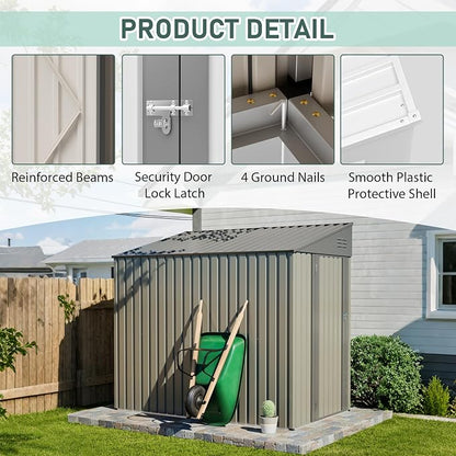 YOPTO 4x7 FT Outdoor Storage Shed,Metal Lean to Storage Shed with Reinforced Beams,All Weather Waterproof Garden Tool House W/Lockable Door & Reversible Installation,for Backyard,Patio,Lawn,Olive Gray
