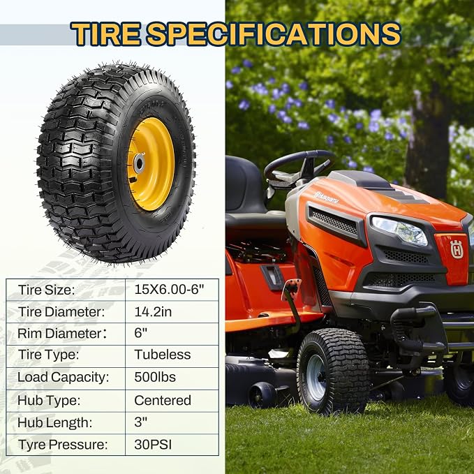 2PCS 15x6.00-6 Tire and Wheel Assembly, Replacement for Craftsman John Deere Cub Cadet Riding Mowers, 4 Ply Tubeless Lawn Mower Tires 15x6x6, 500lbs Capacity, 3" Centered Hub, 3/4" Bushing