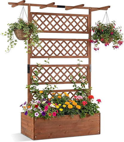 Giantex Raised Garden Bed with Trellis, 72'' Wooden Planter Box Outdoor w/Privacy Screen Roof, Large Vertical Garden Planter w/Drainage Holes for Climbing Plants, Patio Balcony Backyard