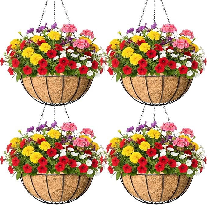 4 Pack 12 Inch Hanging Baskets for Plants Outdoor Metal Hanging Planter Basket with Coco Coir Liner Hanging Flower Baskets Hanging Flower Pots Holder for Garden, Patio(Watermelon)
