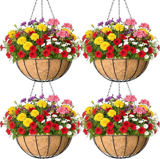 4 Pack 12 Inch Hanging Baskets for Plants Outdoor Metal Hanging Planter Basket with Coco Coir Liner Hanging Flower Baskets Hanging Flower Pots Holder for Garden, Patio(Watermelon)
