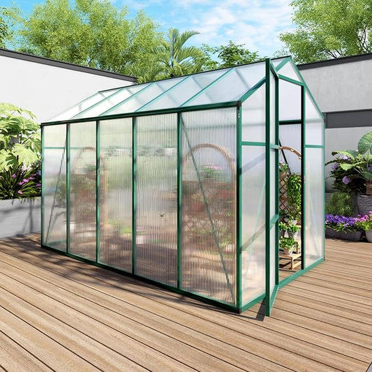 6x10 FT Greenhouse, Walk-in Heavy Duty Polycarbonate Outdoor Greenhouses with Raised Base & Anchor, Height-Enhanced Aluminum Frame, & Drainage System for Backyard All Season Growing, Green