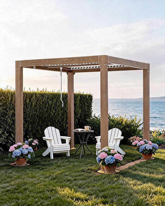 GarveeLife Louvered Pergola 10 ft x10', Outdoor Pergola with Adjustable Louvered Roof, Reinforced Aluminum Frame, Integrated Drainage System, Hardtop Gazebo for Patio, Deck, Wood Grain