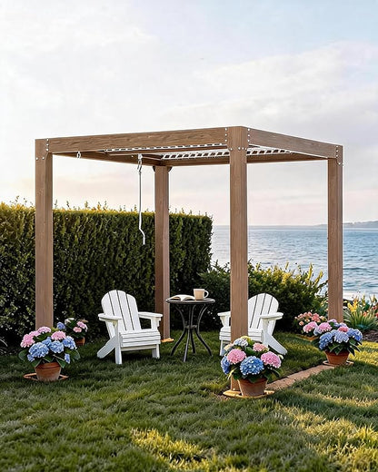 GarveeLife Louvered Pergola 10 ft x10', Outdoor Pergola with Adjustable Louvered Roof, Reinforced Aluminum Frame, Integrated Drainage System, Hardtop Gazebo for Patio, Deck, Wood Grain