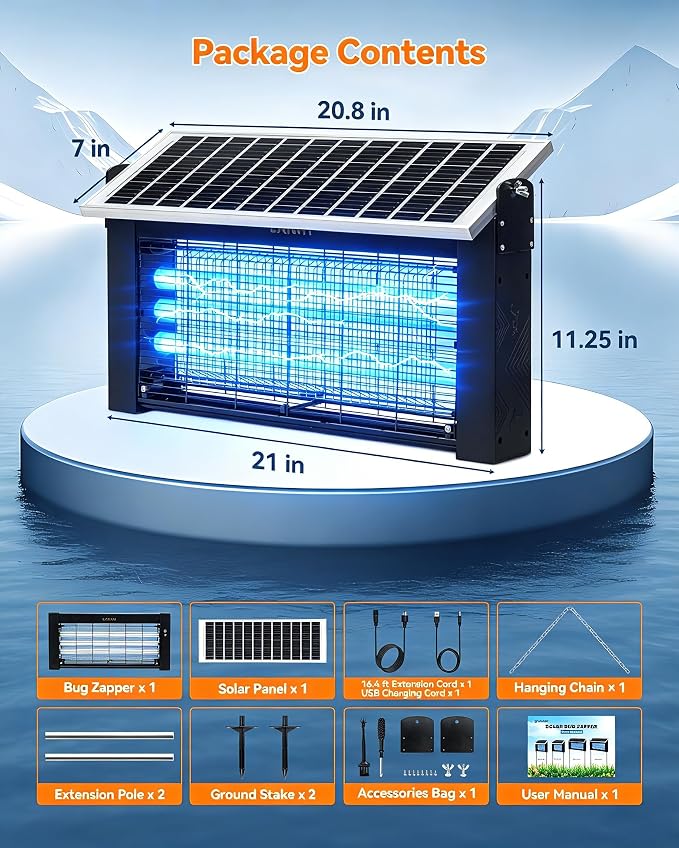 20W Solar Bug Zapper Outdoor, LANGY Upgrade 3-Tube 365nm Solar Mosquito Zapper Outdoor Waterproof, 4500V Electric Cordless Fly Insect Zapper Mosquitos Trap Auto On/Off w 10Ah Battery for Patio Camping