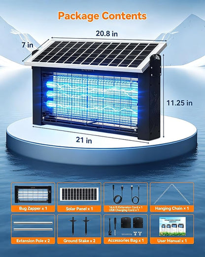 20W Solar Bug Zapper Outdoor, LANGY Upgrade 3-Tube 365nm Solar Mosquito Zapper Outdoor Waterproof, 4500V Electric Cordless Fly Insect Zapper Mosquitos Trap Auto On/Off w 10Ah Battery for Patio Camping